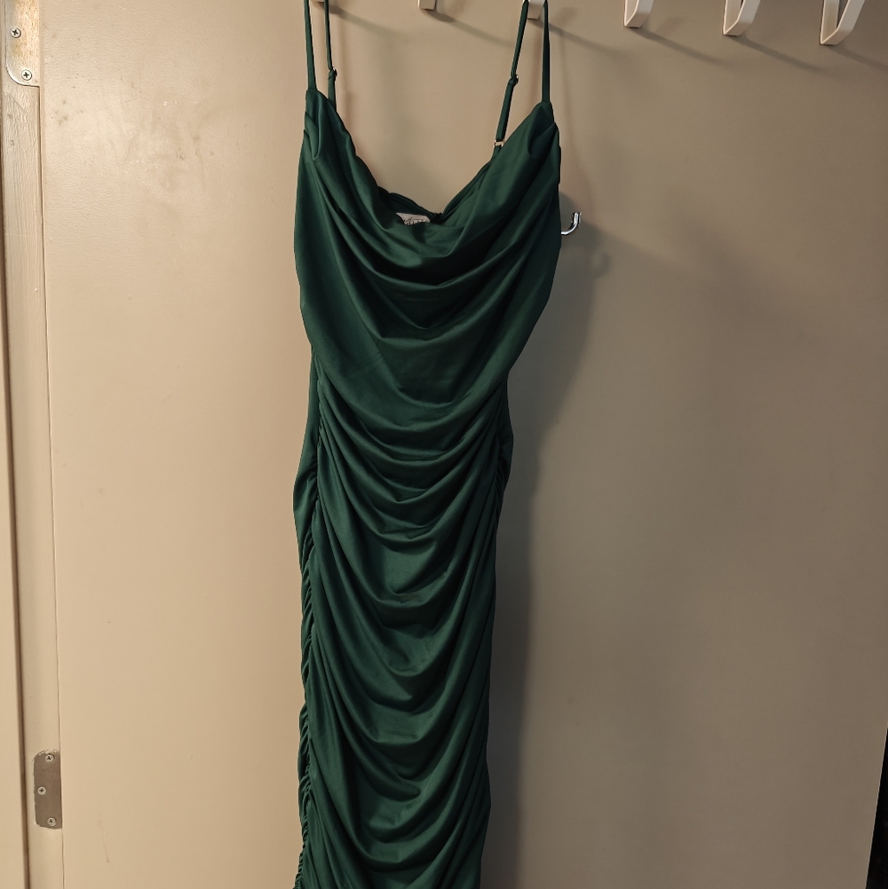 Oh Polly Ruched Satin Green Dress, Sz 4